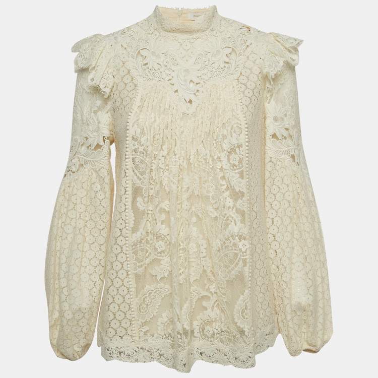 Pre Owned Zimmermann Off White Lace Ruffled Sleeve Top M