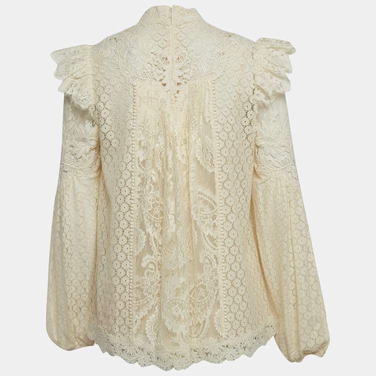 Pre Owned Zimmermann Off White Lace Ruffled Sleeve Top M