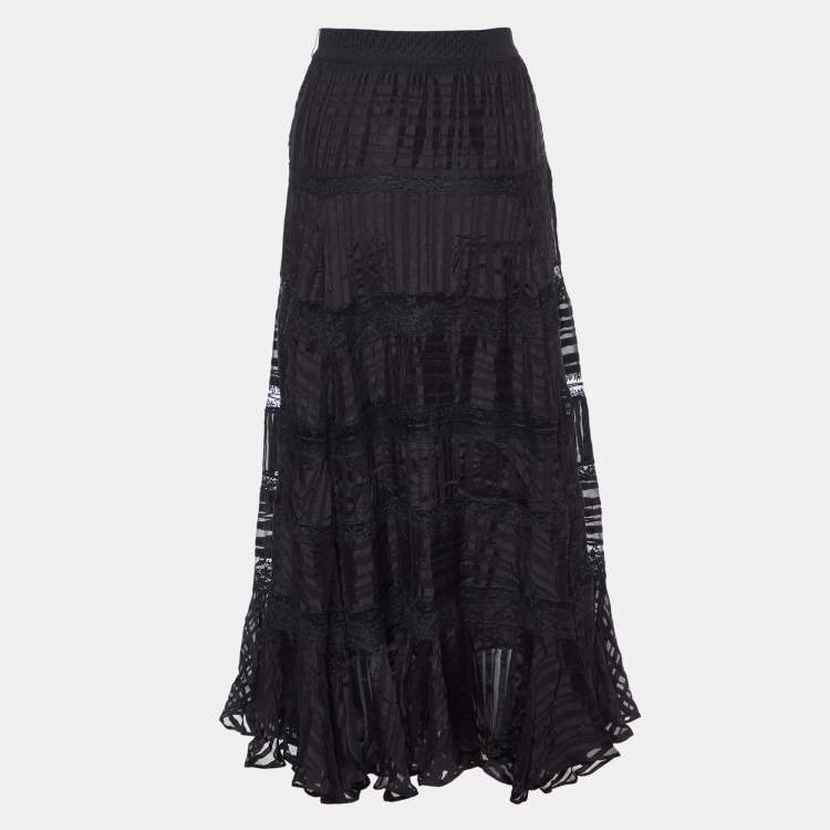 Pre Owned Zimmermann Black Patterned Silk Flared Midi Skirt S