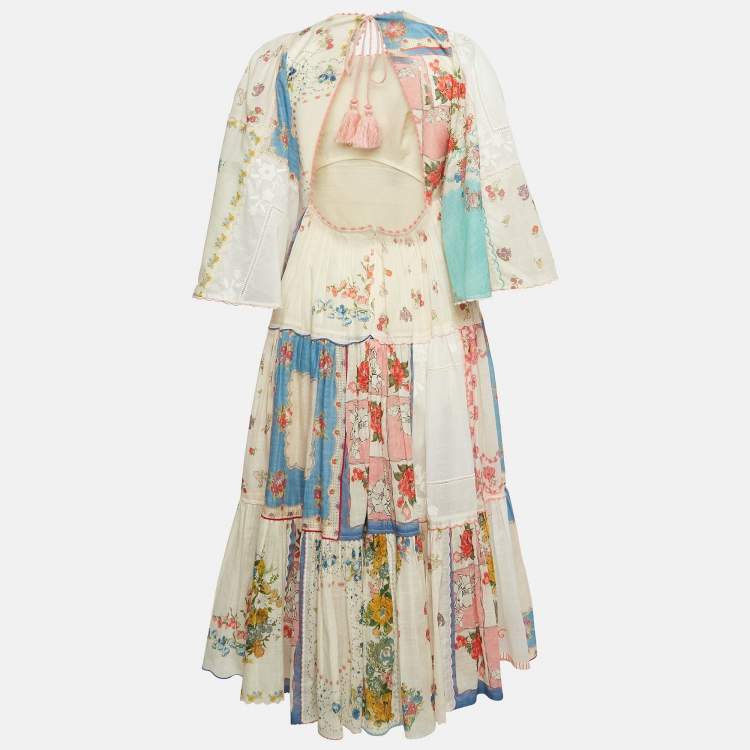 مملوكة مسبقًا Zimmermann Cream Cotton Floral Print Patched Midi Dress S