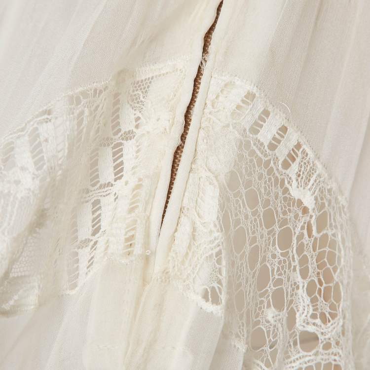 Pre Owned Zuhair Murad Off White Lace Trim Silk Pleated Gown and Feather Cape XS