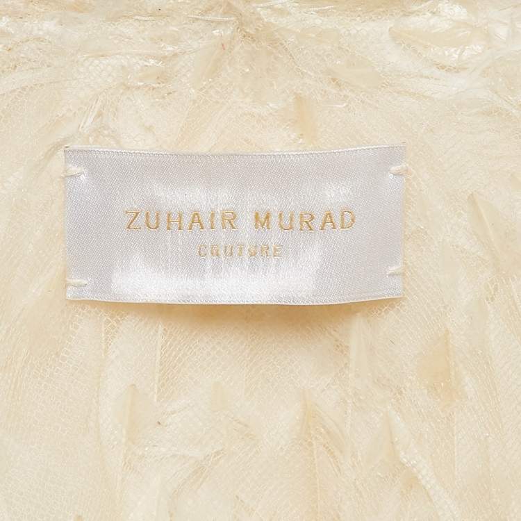 Pre Owned Zuhair Murad Off White Lace Trim Silk Pleated Gown and Feather Cape XS