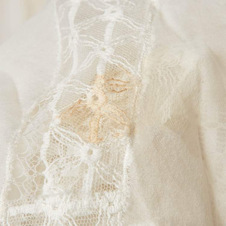 Pre Owned Zuhair Murad Off White Lace Trim Silk Pleated Gown and Feather Cape XS