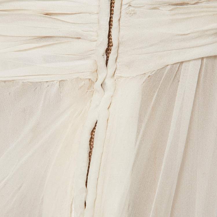 Pre Owned Zuhair Murad Off White Lace Trim Silk Pleated Gown and Feather Cape XS