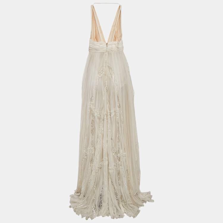 Pre Owned Zuhair Murad Off White Lace Trim Silk Pleated Gown and Feather Cape XS