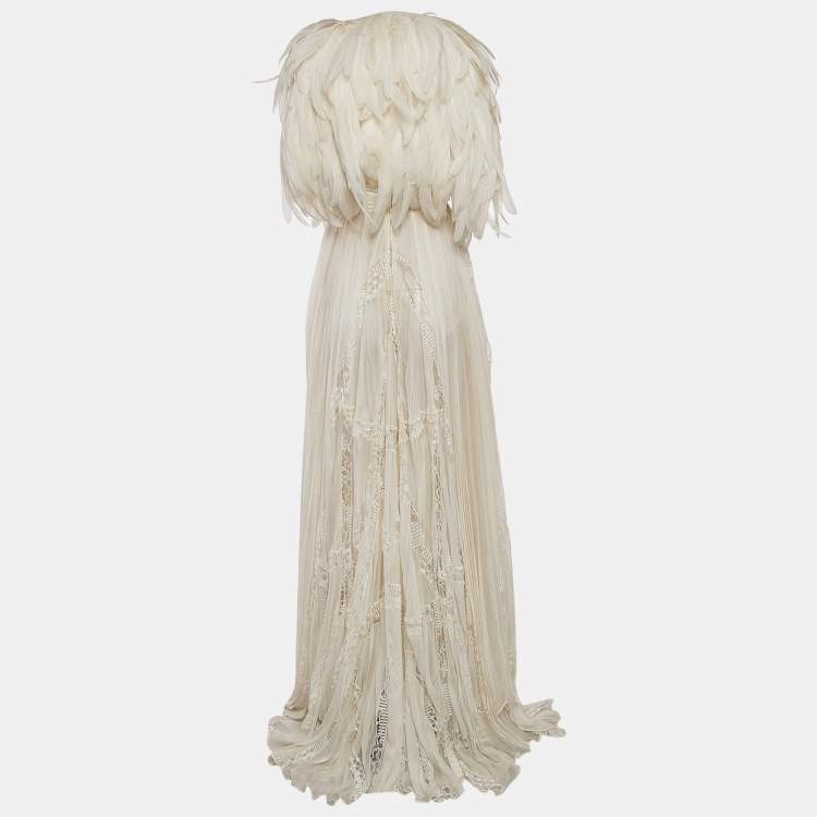 Pre Owned Zuhair Murad Off White Lace Trim Silk Pleated Gown and Feather Cape XS