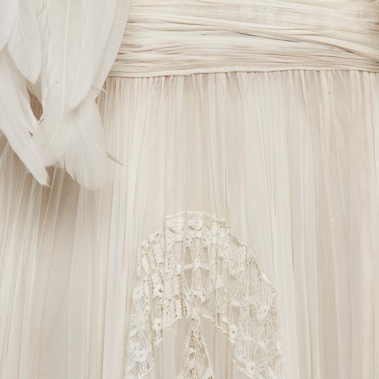 Pre Owned Zuhair Murad Off White Lace Trim Silk Pleated Gown and Feather Cape XS