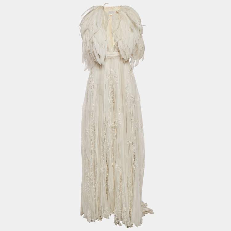 Pre Owned Zuhair Murad Off White Lace Trim Silk Pleated Gown and Feather Cape XS