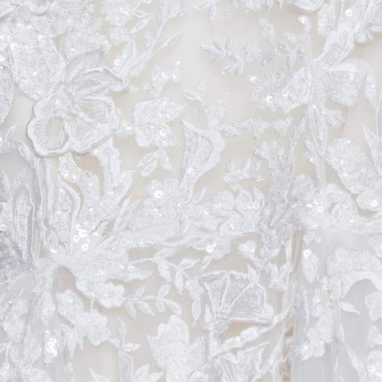 Pre Owned Zuhair Murad White Embroidered Silk Blend Tulle Wedding Gown S