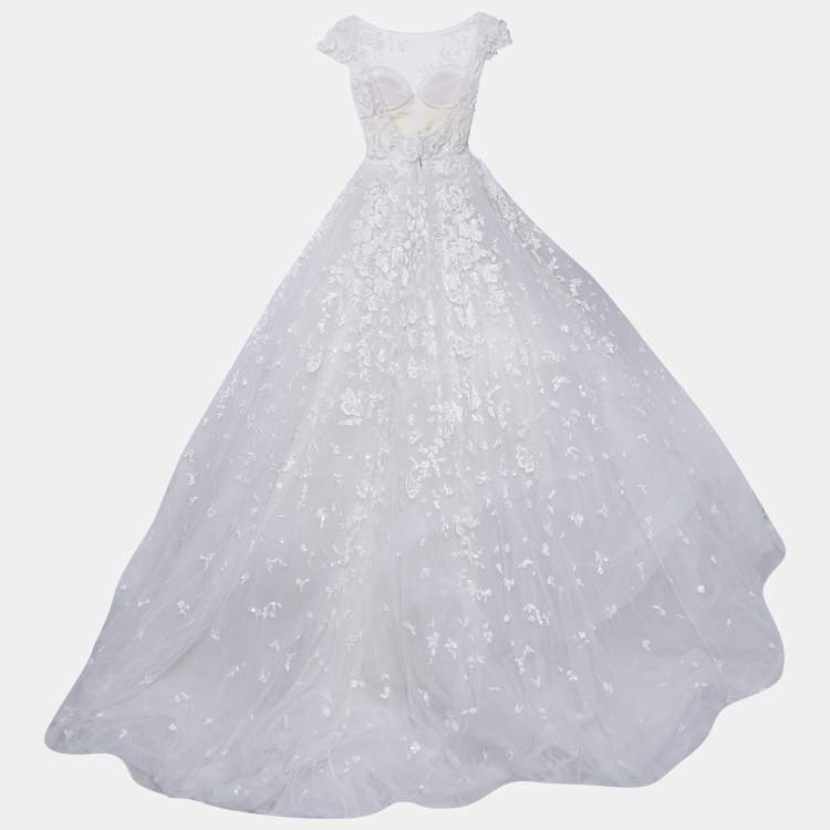 Pre Owned Zuhair Murad White Embroidered Silk Blend Tulle Wedding Gown S