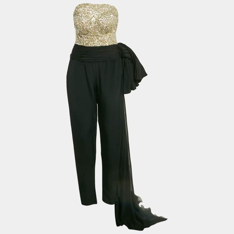 Pre Owned Zuhair Murad Couture Black/Gold Sequin Embellished Crepe Drape Detail Jumpsuit M