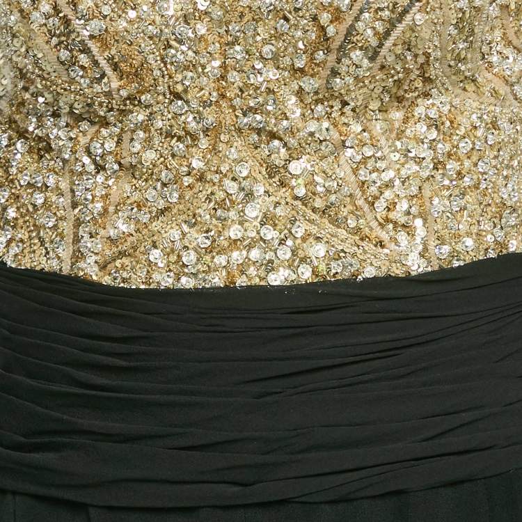 Pre Owned Zuhair Murad Couture Black/Gold Sequin Embellished Crepe Drape Detail Jumpsuit M