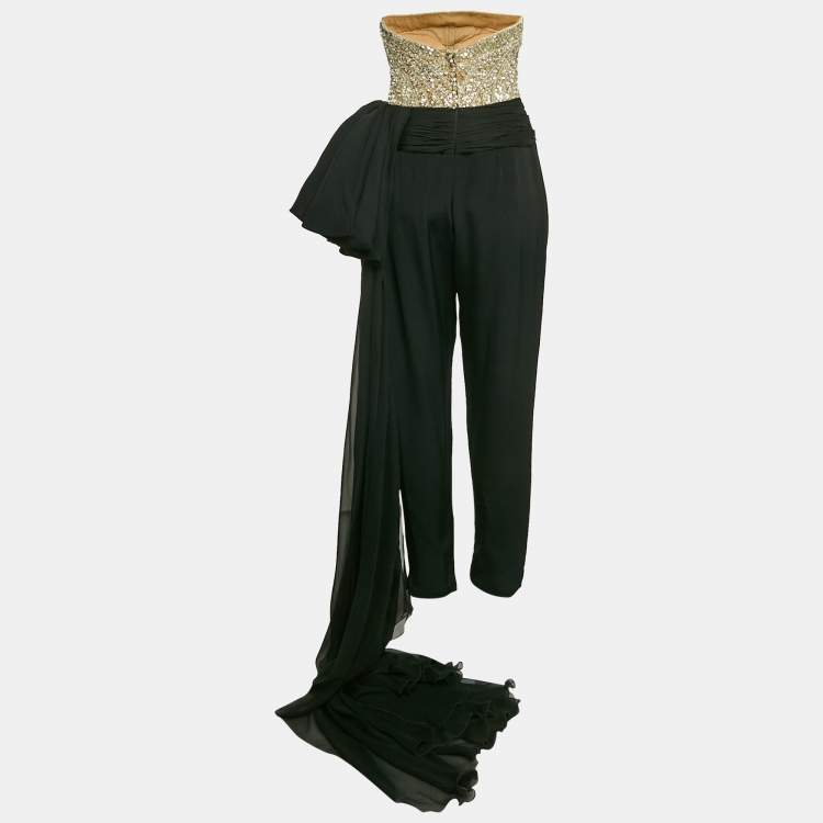 Pre Owned Zuhair Murad Couture Black/Gold Sequin Embellished Crepe Drape Detail Jumpsuit M