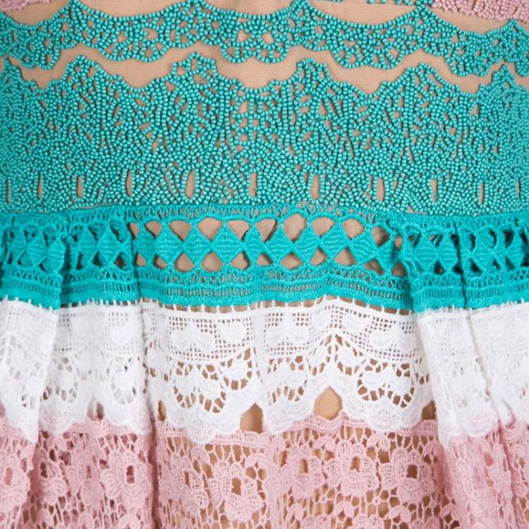 Pre Owned Zuhair Murad Multicolor Beadwork and Floral Lace Sleeveless Gathered Gown M