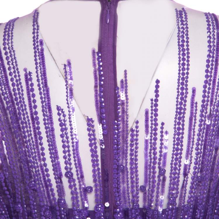 Pre Owned Zuhair Murad Purple Sequin Embellished Mesh Tulle Bottom Long Sleeve Gown L