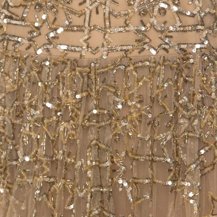 Pre Owned Zuhair Murad Toffee Cream Layered Tulle Embellished Sheer Yoke Evening Gown S