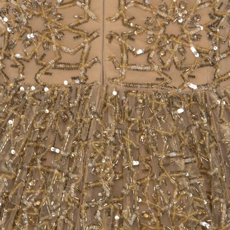 Pre Owned Zuhair Murad Toffee Cream Layered Tulle Embellished Sheer Yoke Evening Gown S
