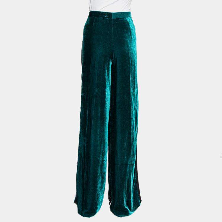 Pre Owned Zuhair Murad Green Velvet Contrast Trim Detail Wide Leg Pants M