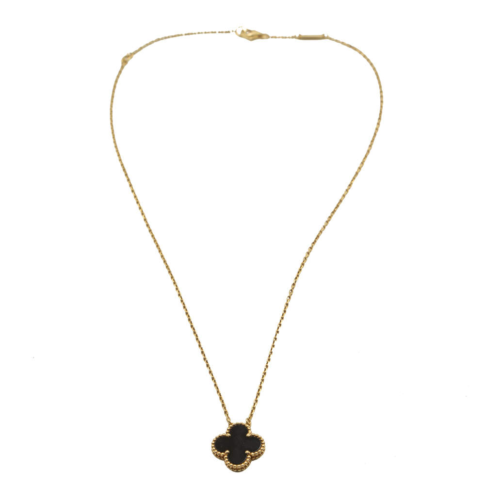 Pre Owned Van Cleef & Arpels Vintage Alhambra Onyx Yellow Gold Necklace