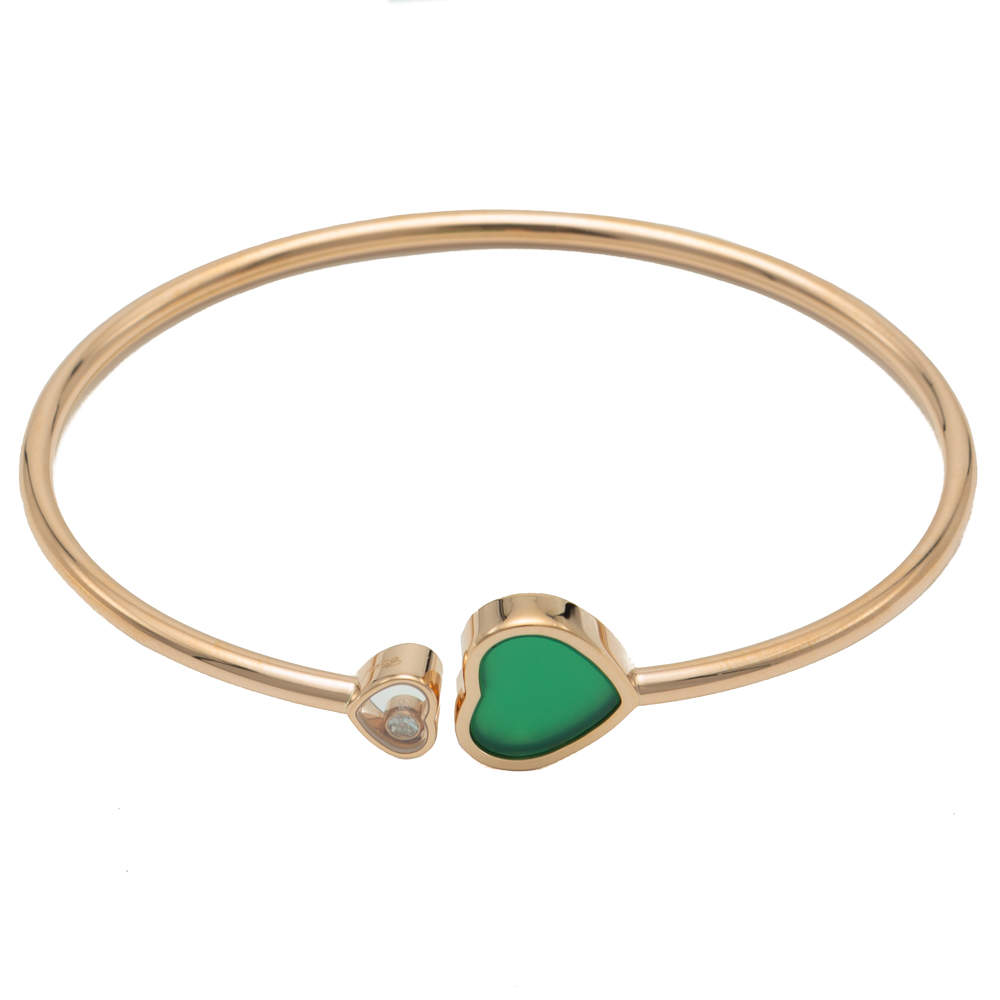 Pre Owned Chopard Happy Hearts Green Agate Rose Gold Diamond Bracelet Size Medium