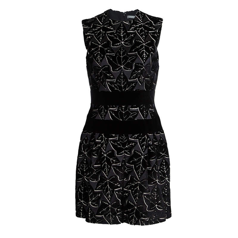 Pre Owned Alexander McQueen Black Velvet Jacquard Leaf Pattern Sleeveless Dress S
