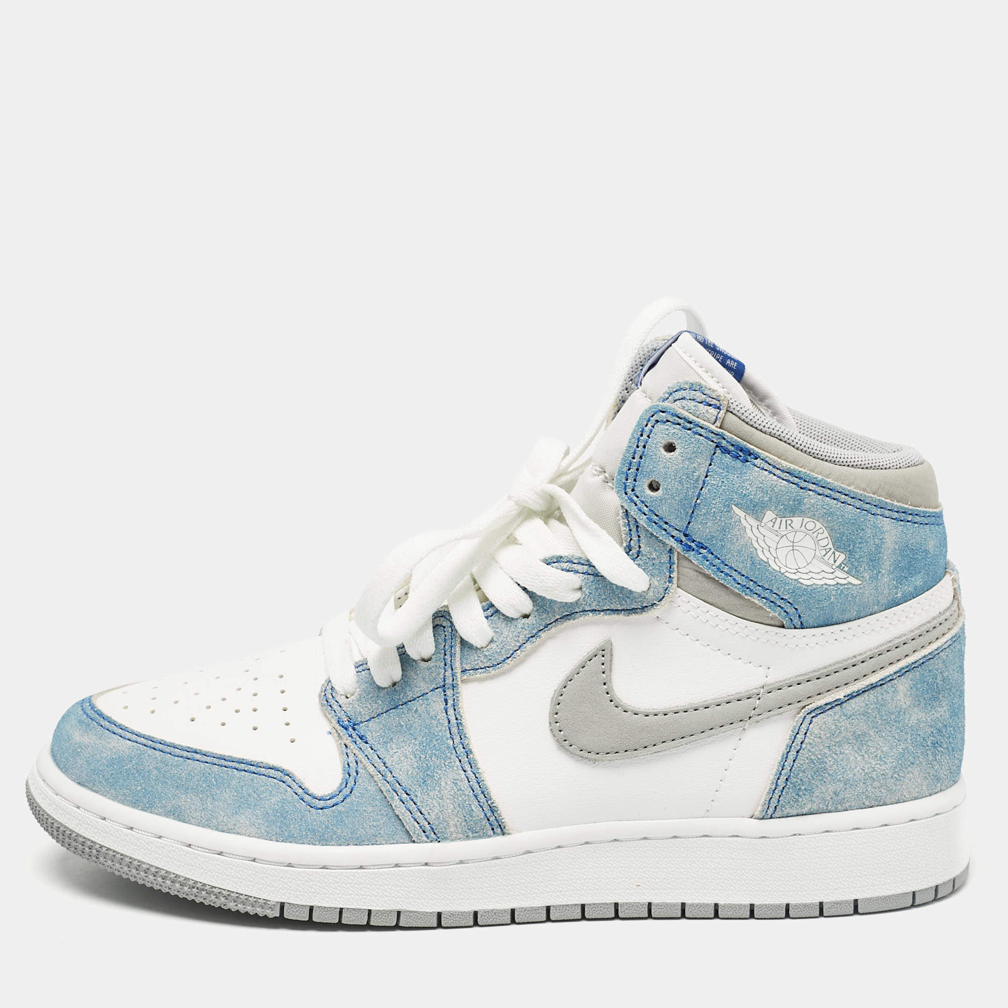 Air Jordans Blue/White Leather Jordan 1 Retro High Hyper Royal Smoke Grey Sneakers Size 39 (GS)