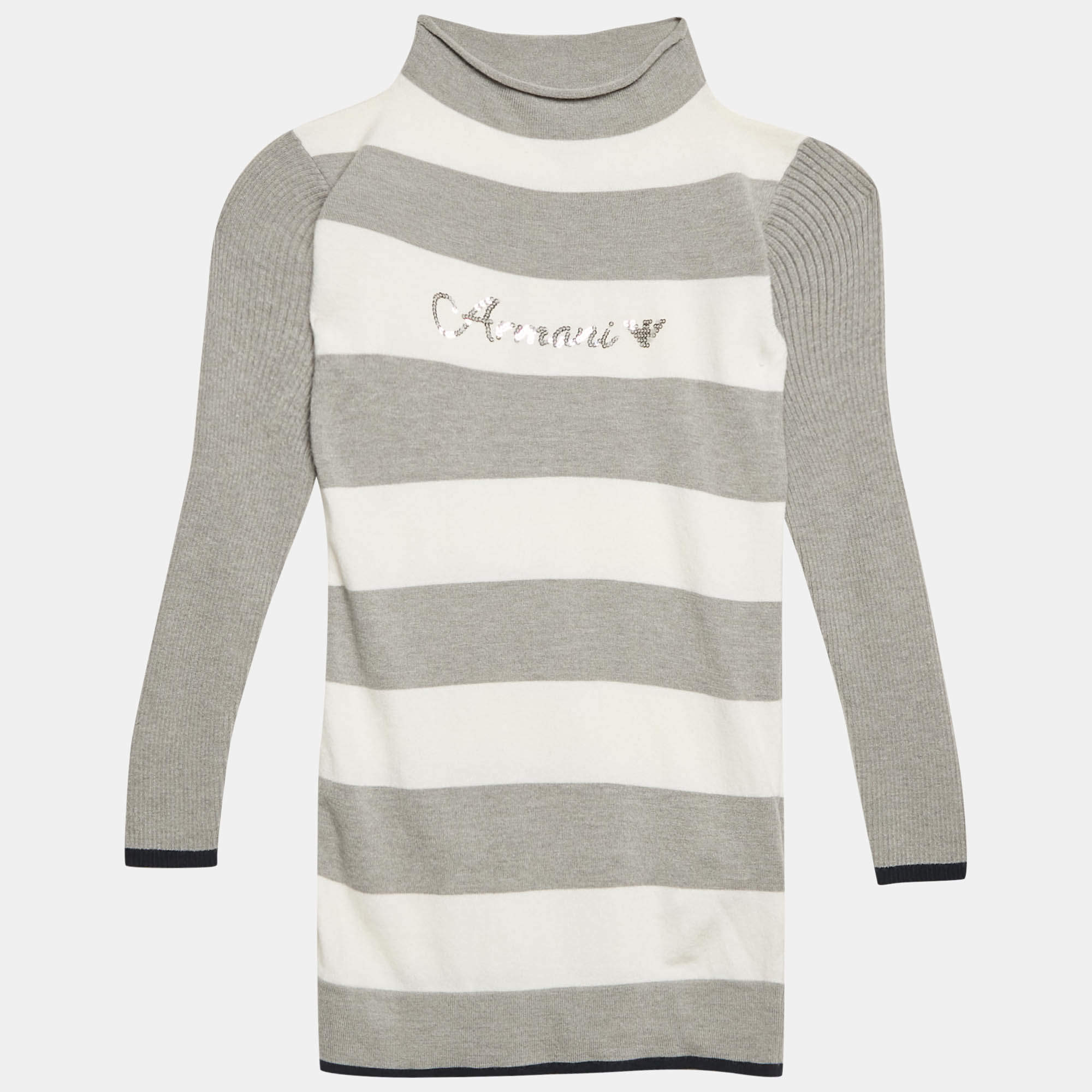 Pre Owned Armani Junior Grey Striped Knit Long Sleeve Dress 4 Yrs