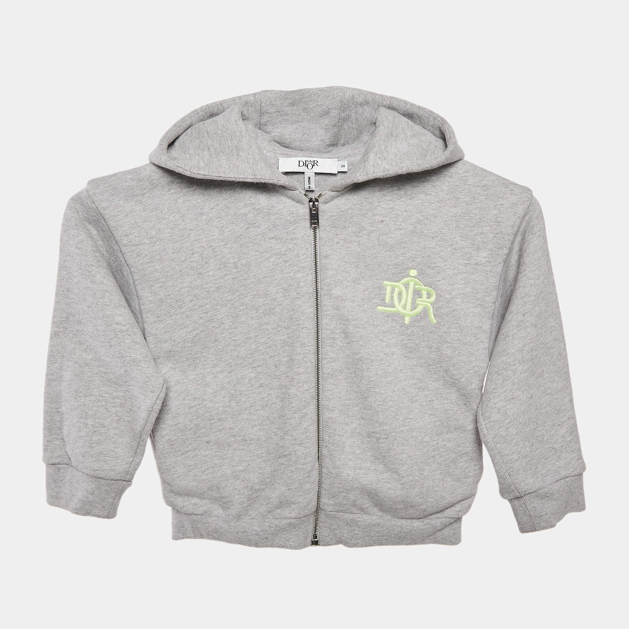 Pre Owned Baby Dior Grey Logo Embroidery Cotton Knit Zip-Up Hooded Jacket 24 M