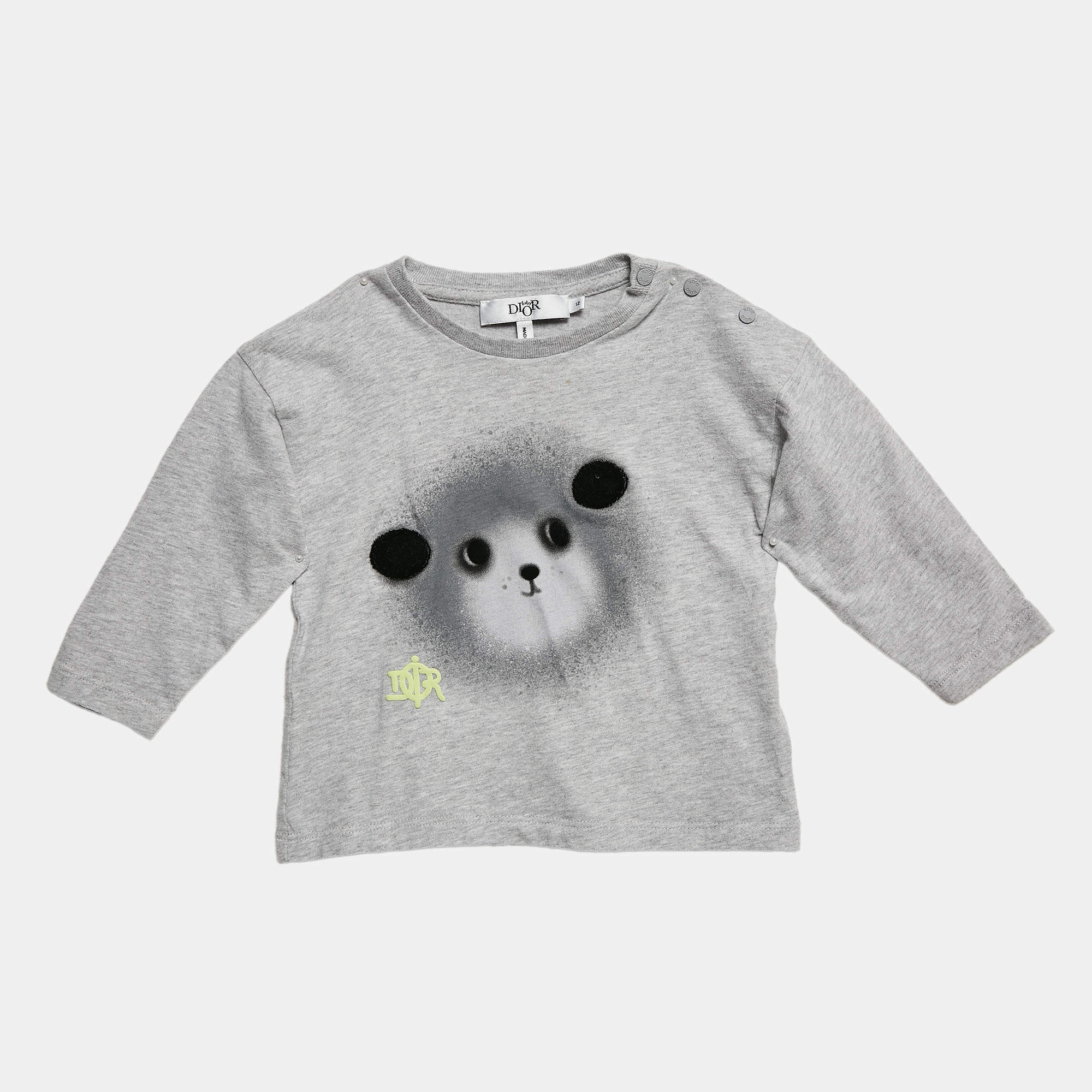 Pre Owned Baby Dior Grey Bear Print Cotton Long Sleeve T-Shirt 12 M