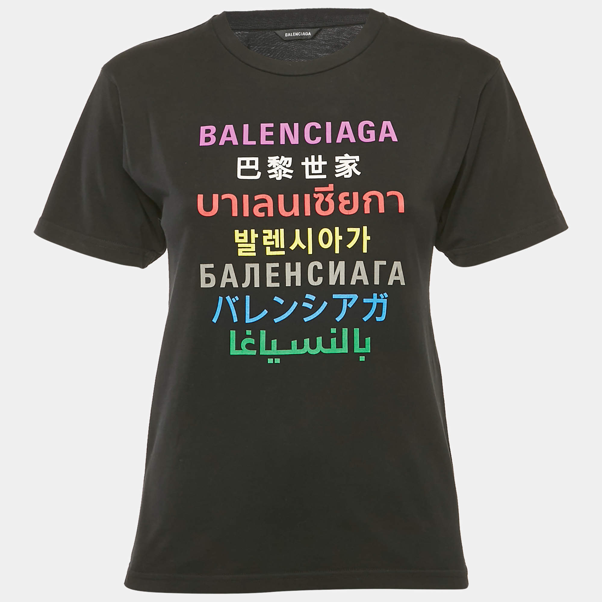 Pre Owned Balenciaga Kids Black Logo Print Cotton Crew Neck T-Shirt 10 Yrs