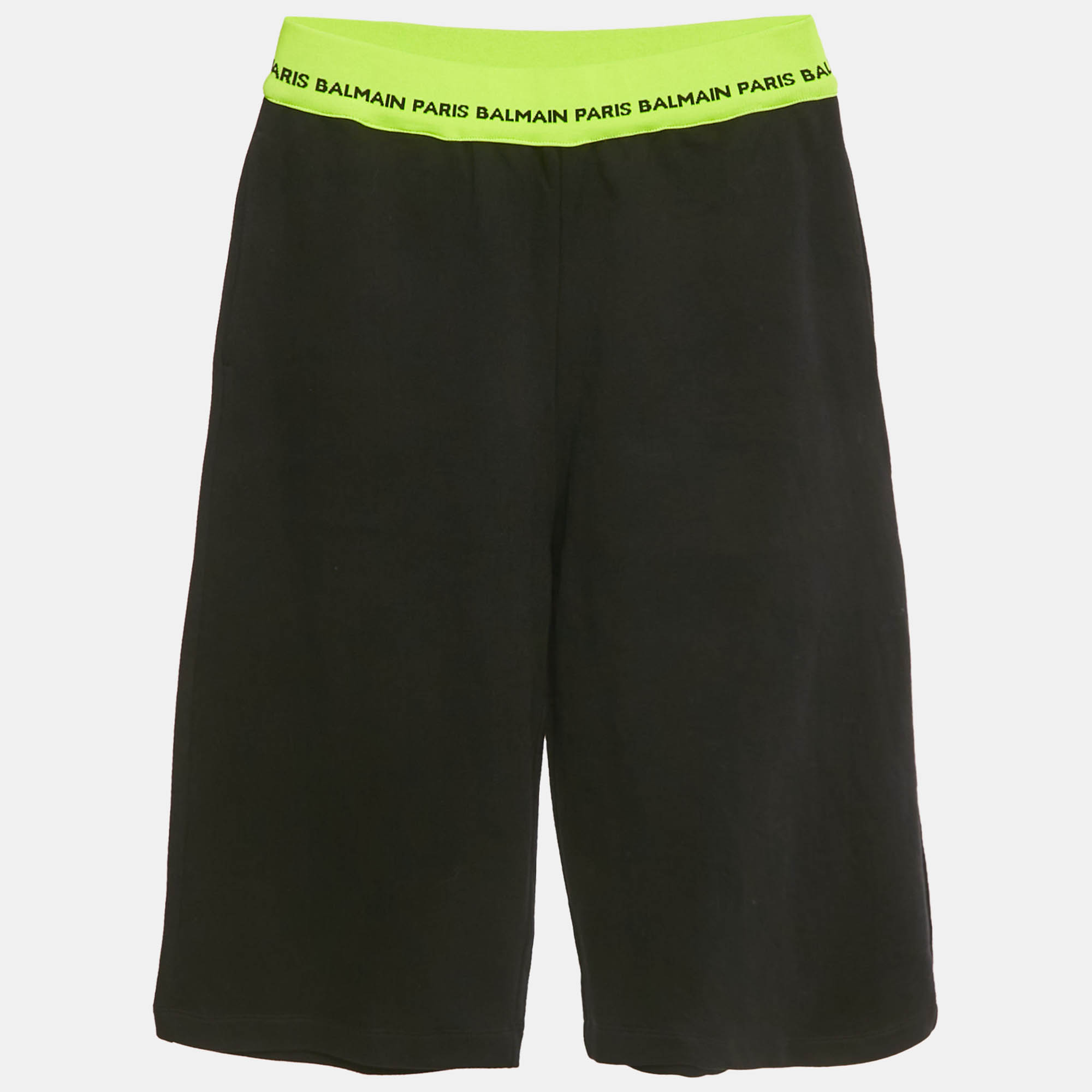 Pre Owned Balmain Kids Black/Neon Green Logo Waistband Cotton Shorts 16Yrs