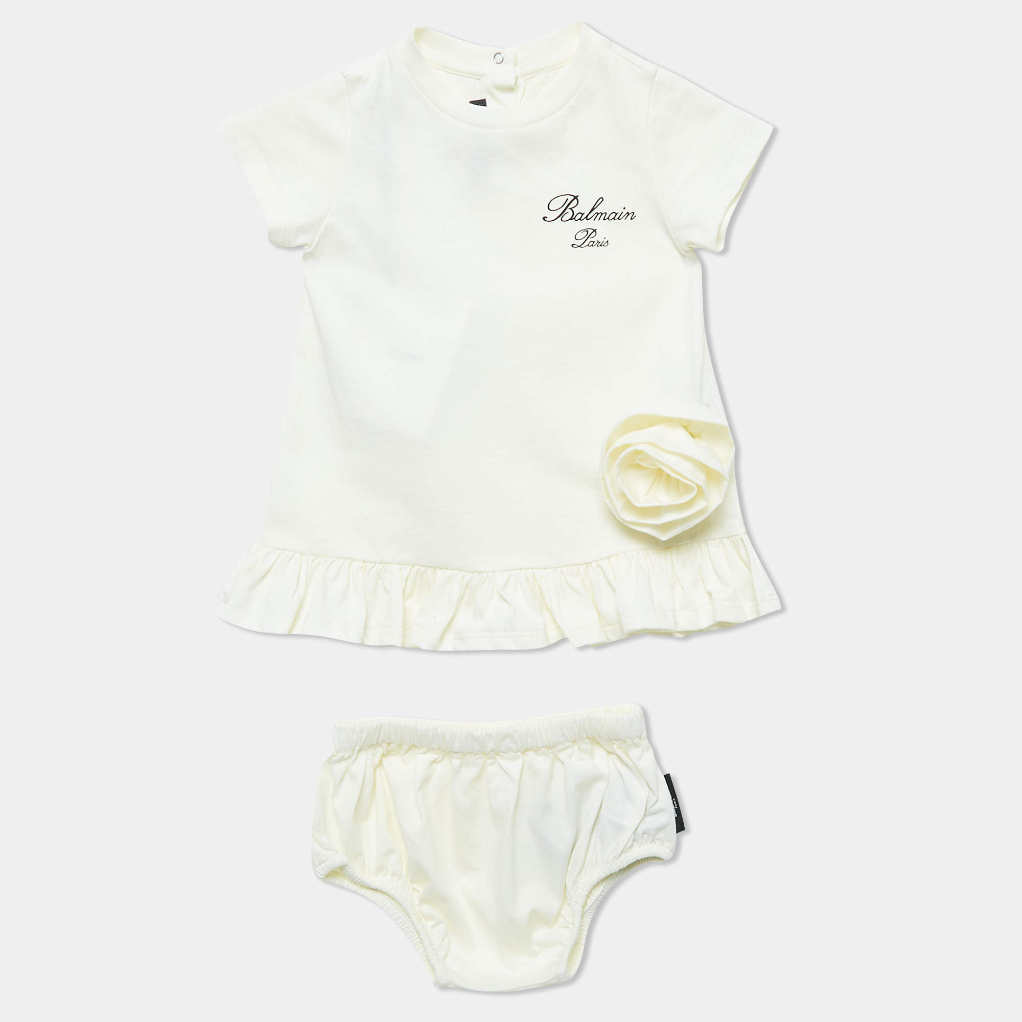 Pre Owned Balmain Kids Ivory Floral Applique Cotton Dress Set 6 M