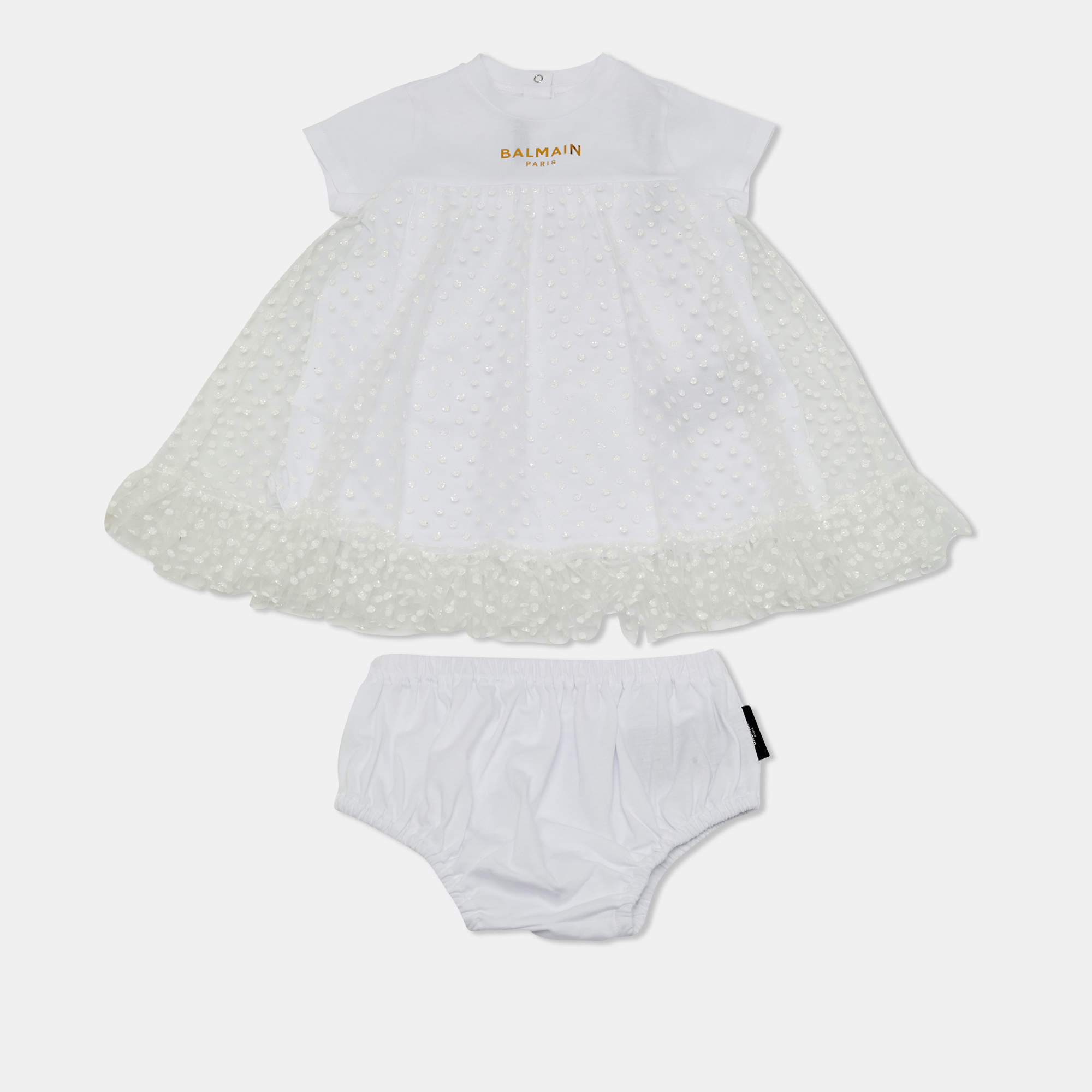 Pre Owned Balmain Kids White Polka Dots Gillter Cotton and Tulle Set 9M