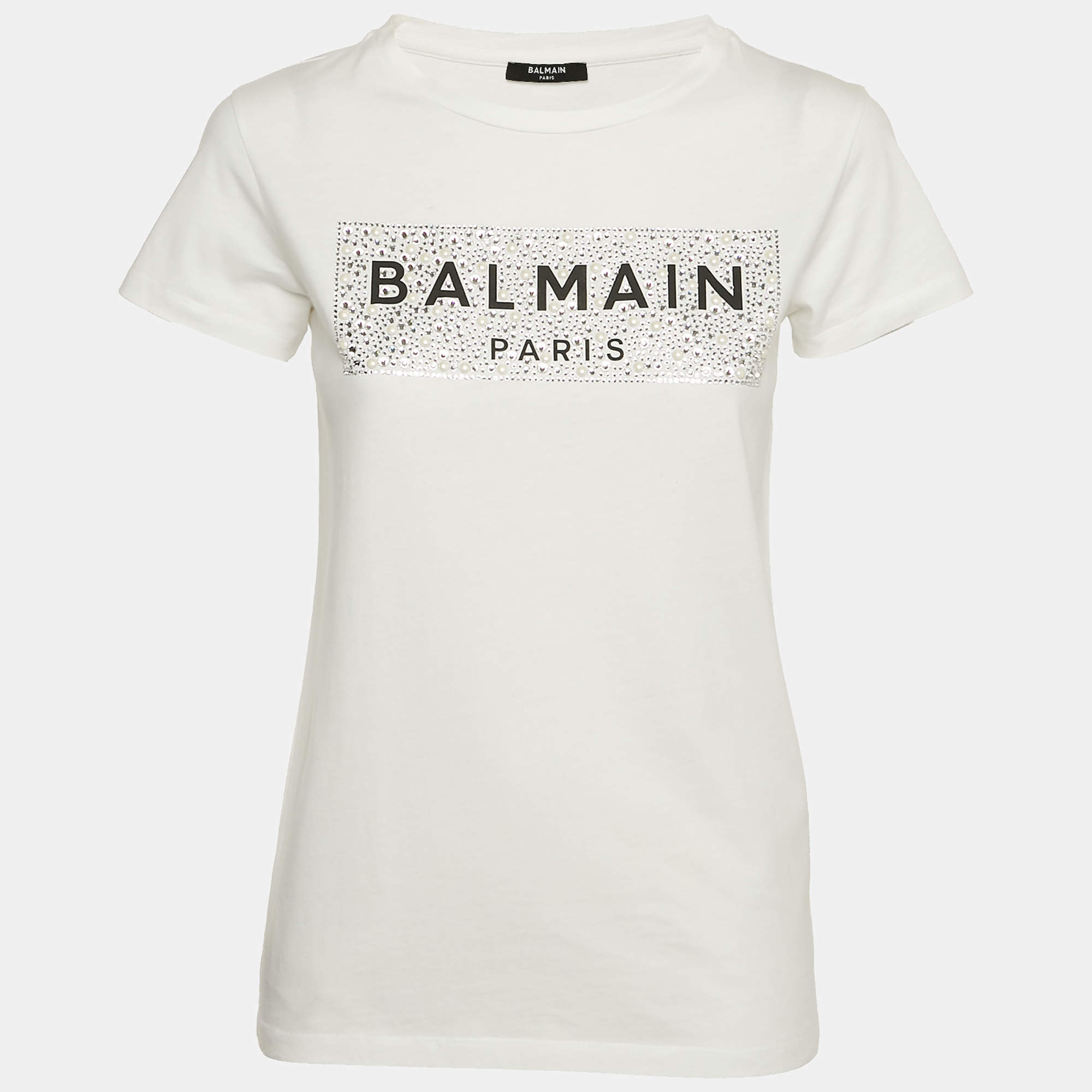 Pre Owned Balmain Kids White Logo Embellished Cotton Crew Neck T-Shirt 12 Yrs