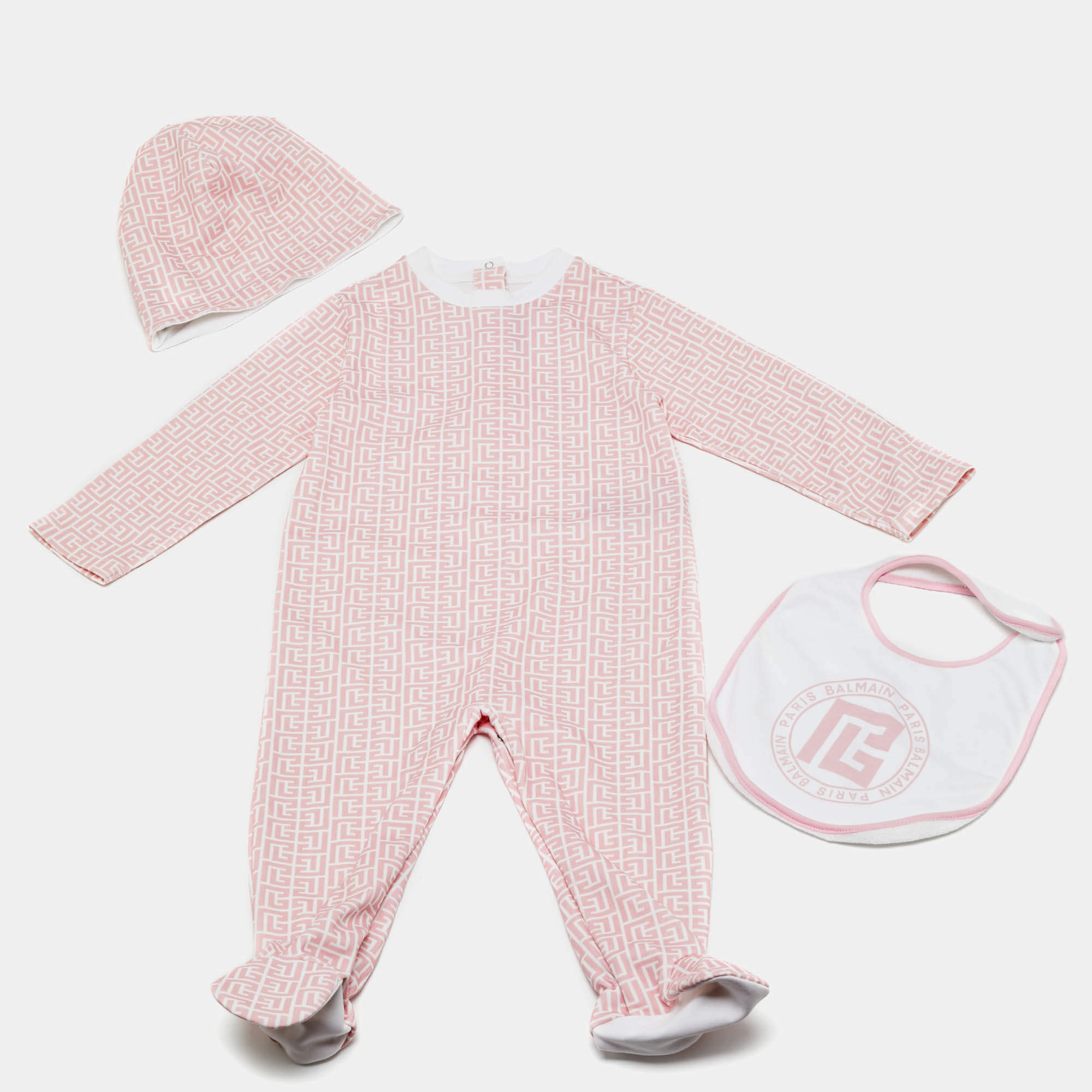 Pre Owned Balmain Kids Pink Monogram Cotton Onesie Set 18M