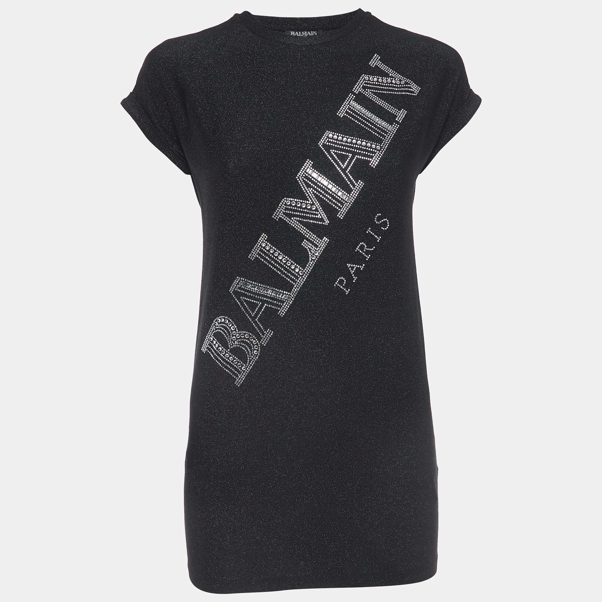 Balmain Black Glitter Jersey Crystal Embellished Logo T-Shirt Dress (10 Yrs)