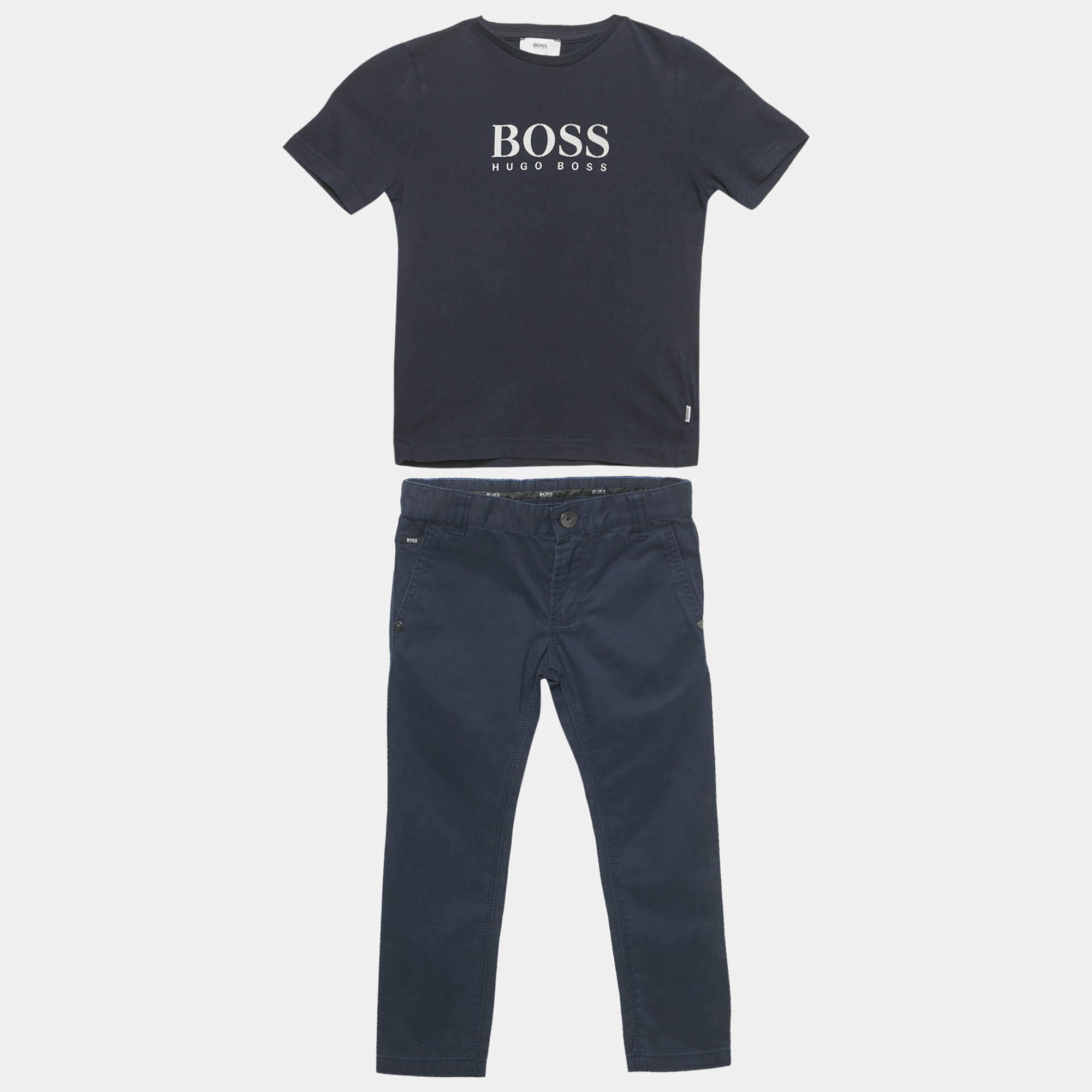 Pre Owned Boss By Hugo Boss Kids Navy Blue Printed T-Shirt and Pants Set 4 Yrs