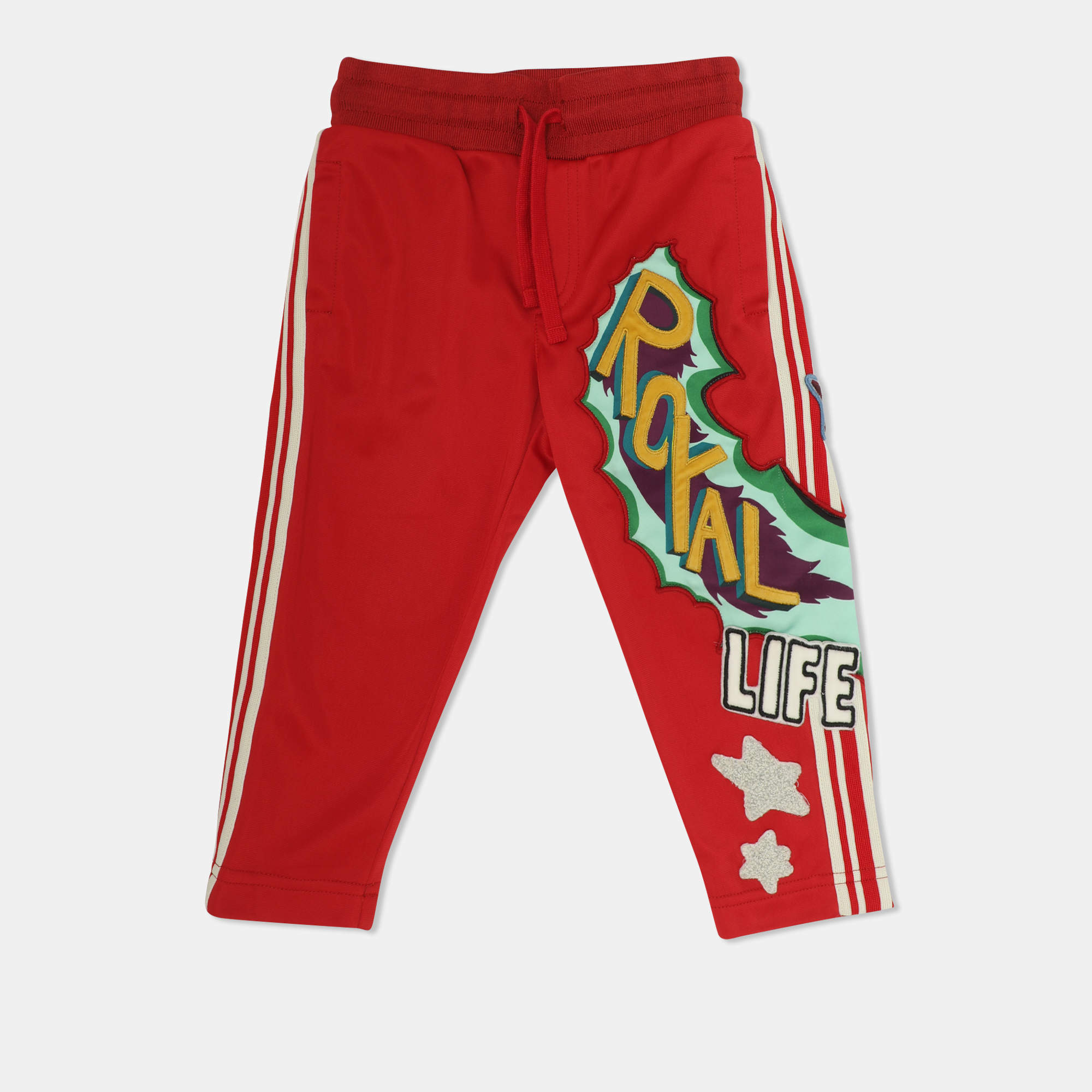 Pre Owned Dolce & Gabbana Red Jersey Royal Life Graphic Patch Pants 2 Years