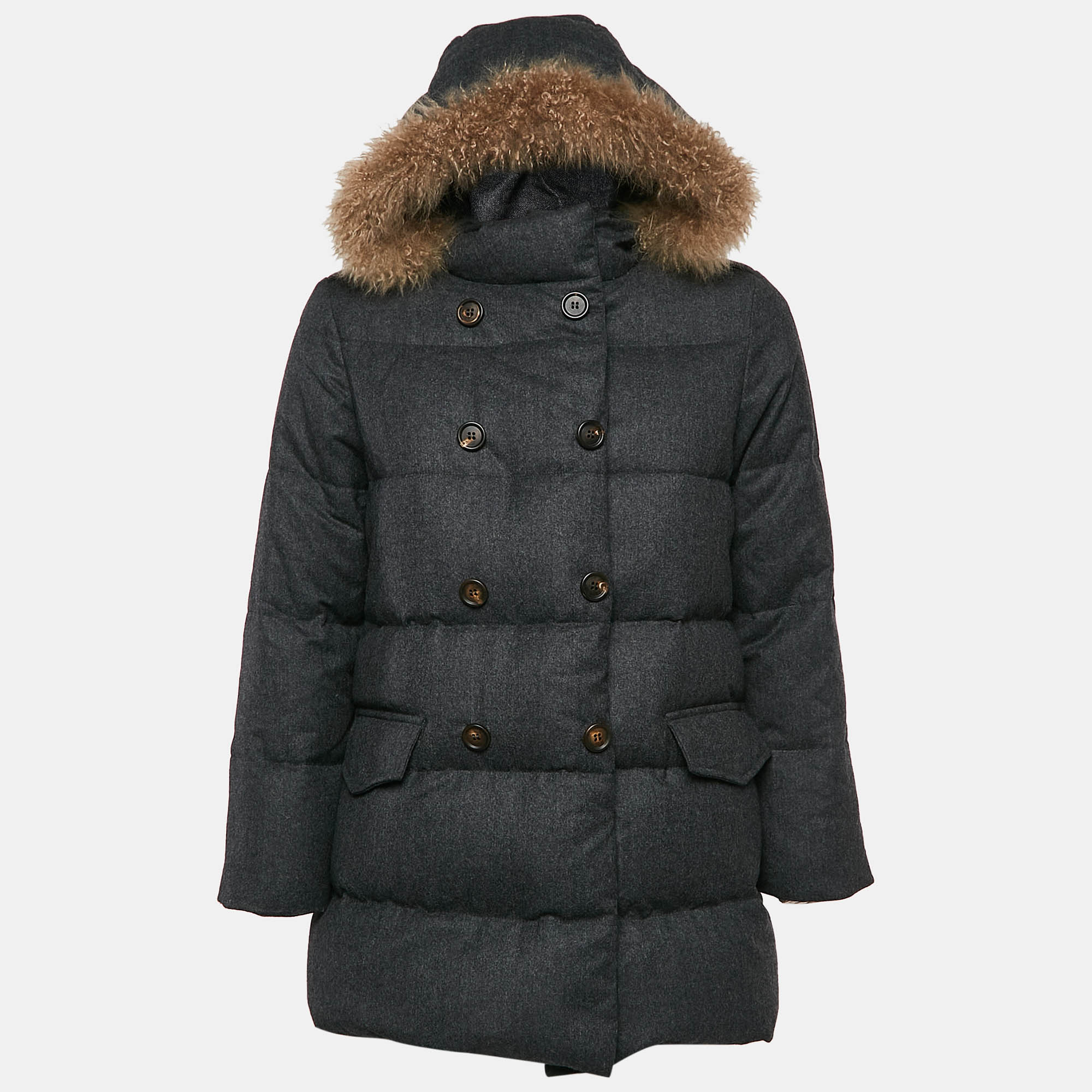 Brunello Cucinelli Grey Fur Trim Wool Down Jacket 10 Yrs