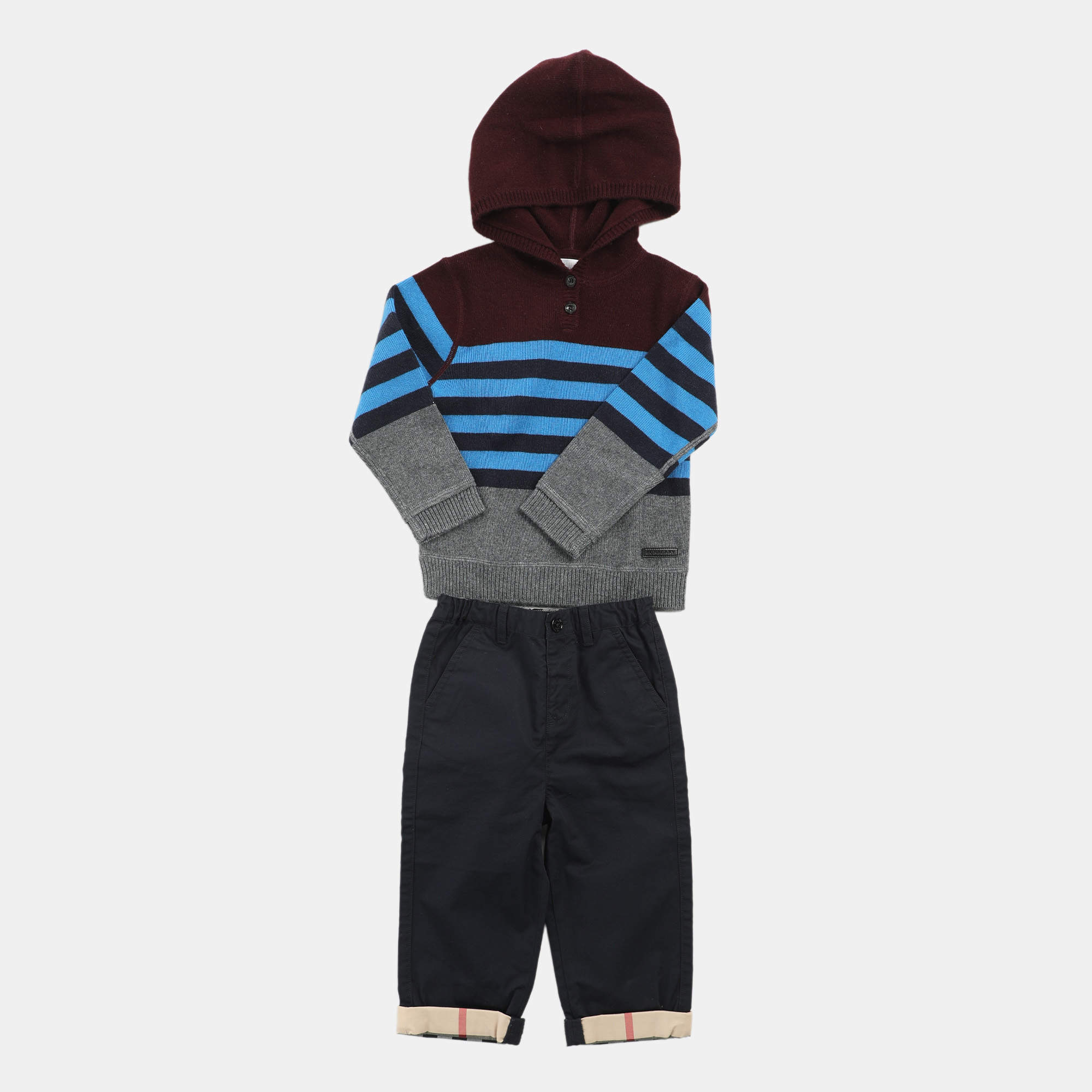 Pre Owned Burberry Kids Multicolor Striped Wool Knit and Cotton Hooded Sweatshirt and Pant Set 2 Yrs