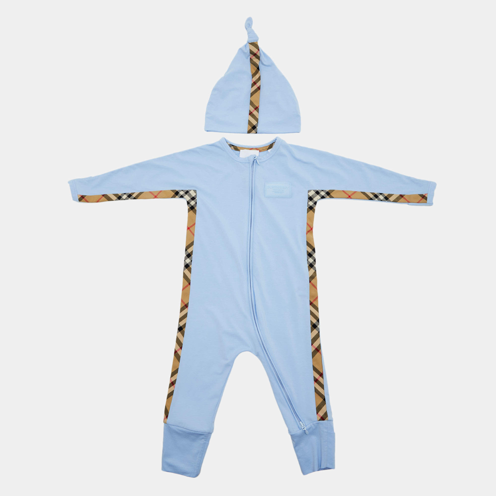 Pre Owned Burberry Kids Blue Check Trim Cotton 3-Piece Baby Romper Gift Set 9M