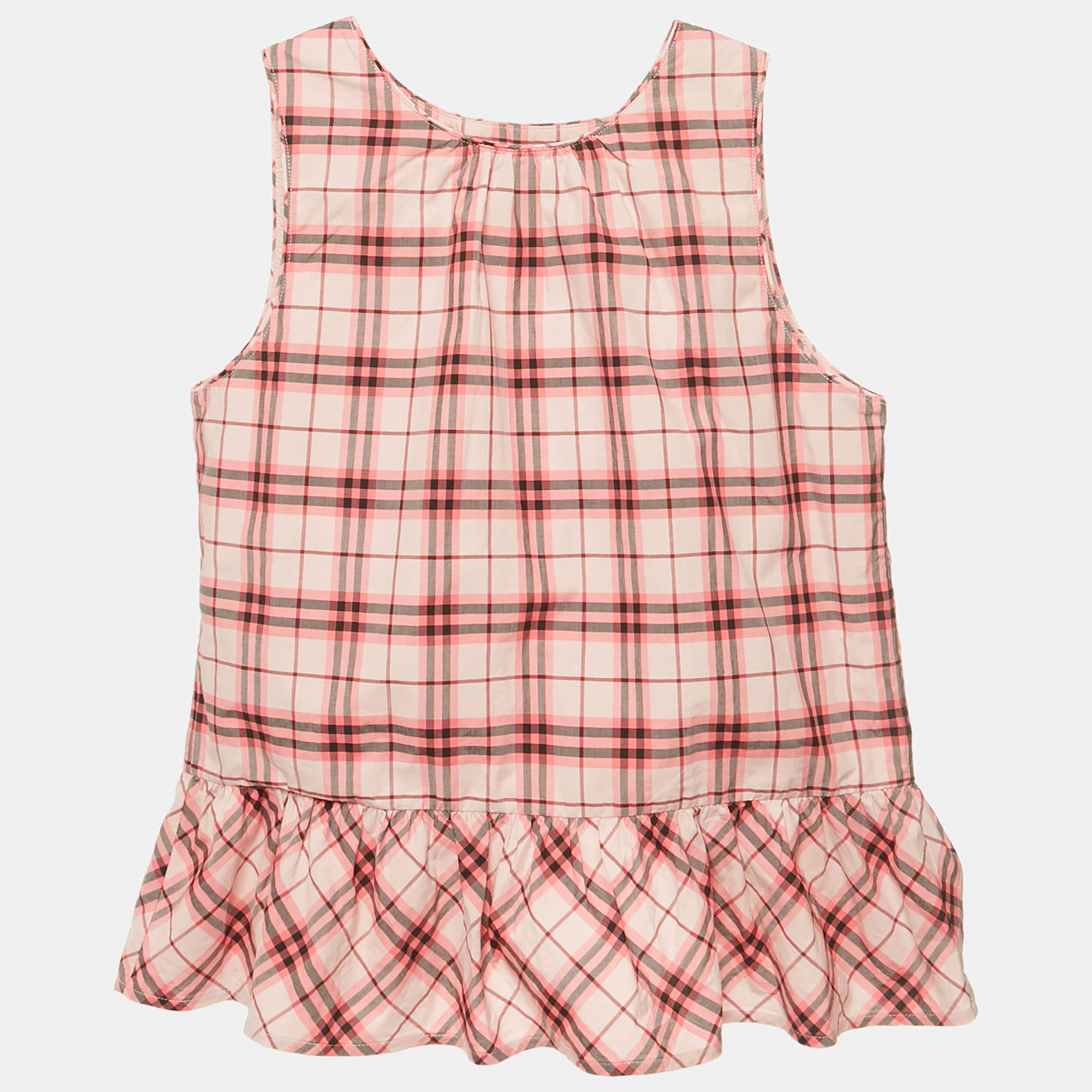 Pre Owned Burberry Pink Checks Cotton Ruffled Back Top 14Yrs 
