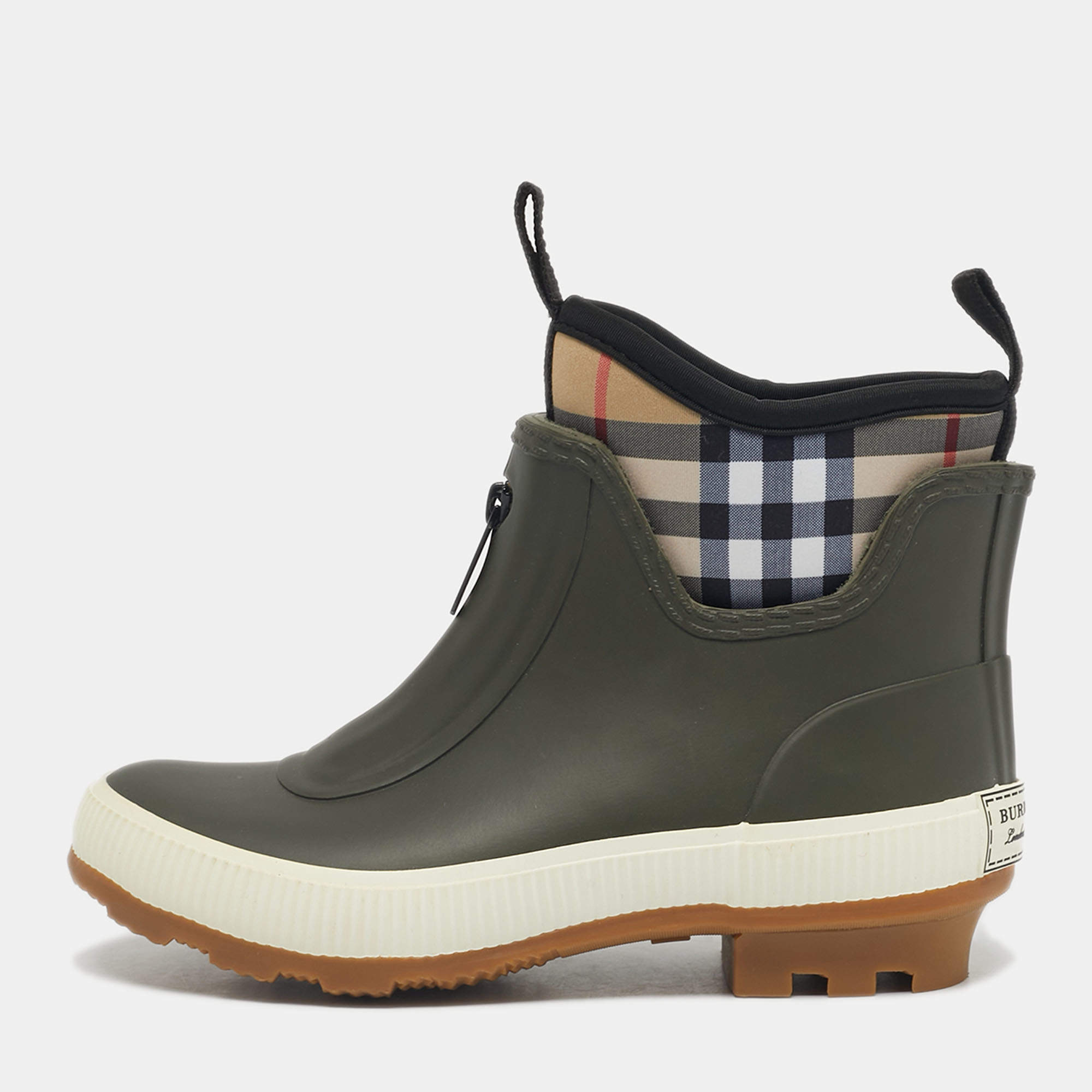 Pre Owned Burberry Olive Green Rubber and Vintage Check Neoprene Rain Boots Size 29