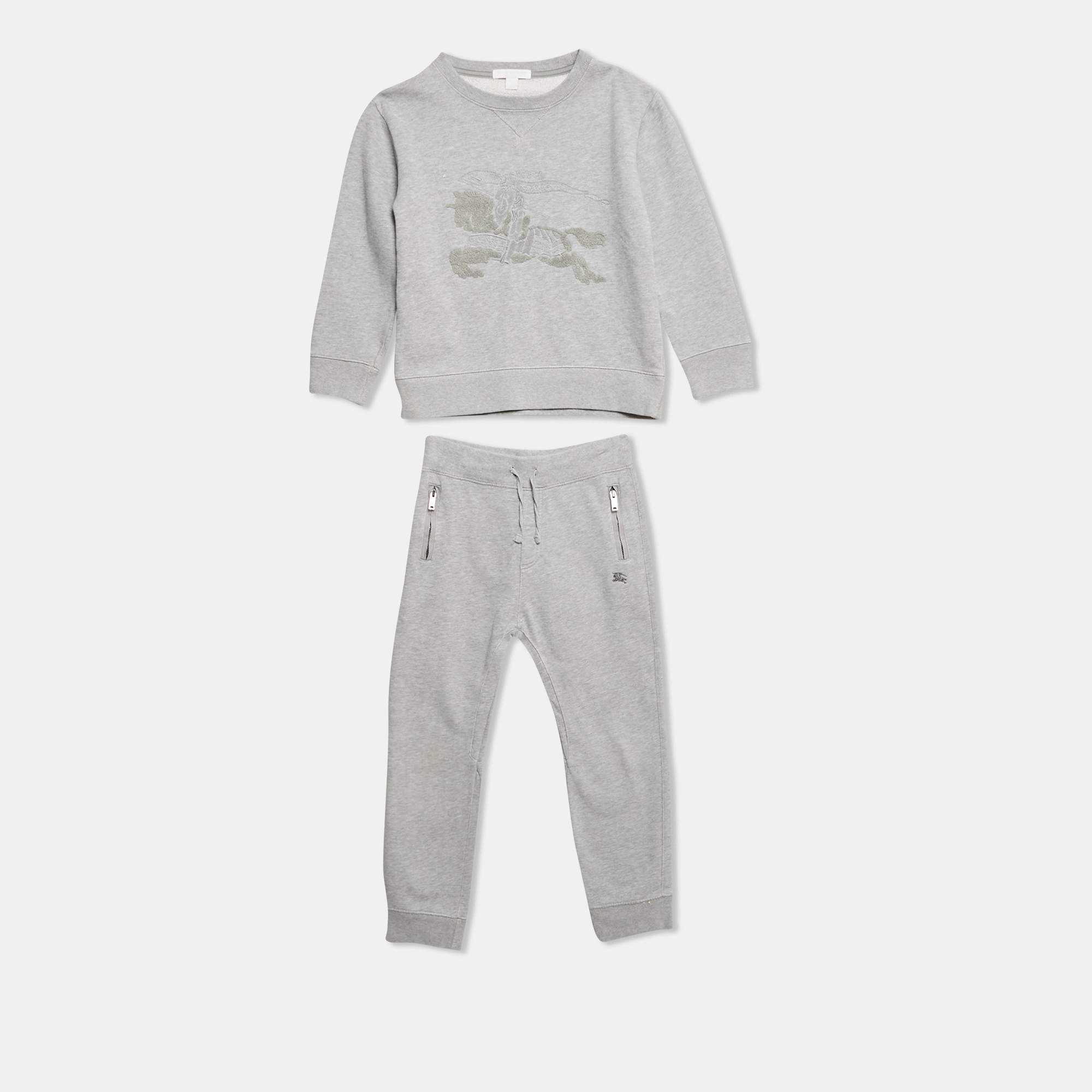 Pre Owned Burberry Children Grey Logo Embroidered Cotton Knit Sweatshirt and Sweatpants Set 8 Yrs