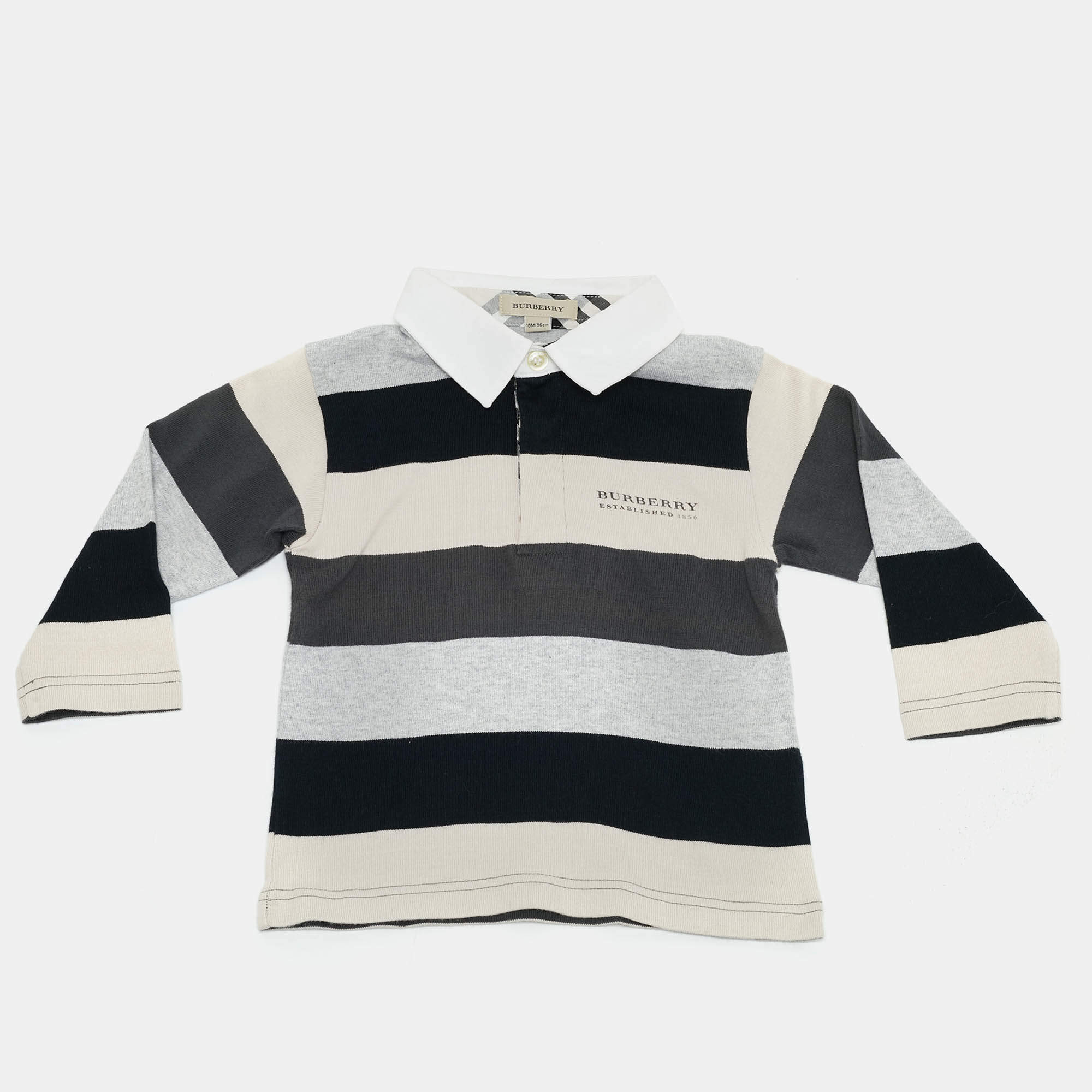 Pre Owned Burberry Kids Beige/Blue Striped Jersey Long Sleeve Polo T-Shirt 18M