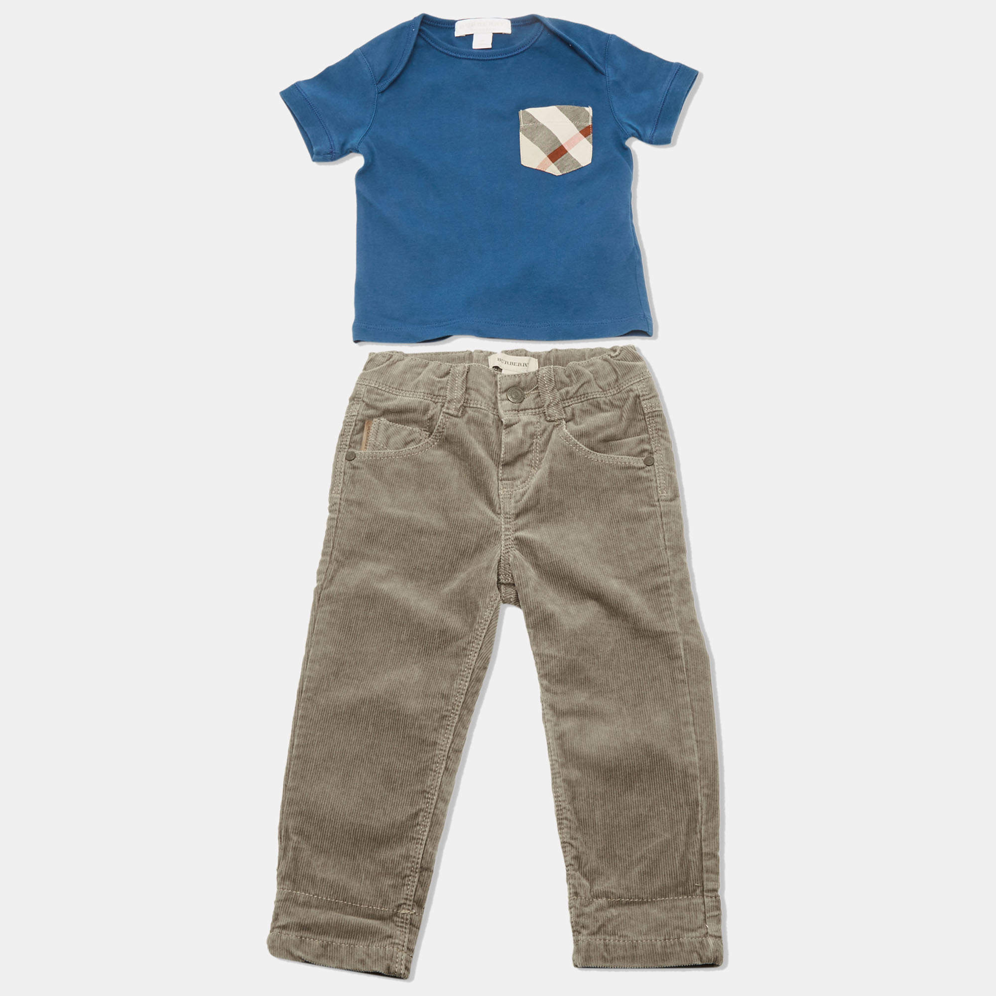 Pre Owned Burberry Children Blue/Beige Jersey and Corduroy  2 Piece Set 18M/9M