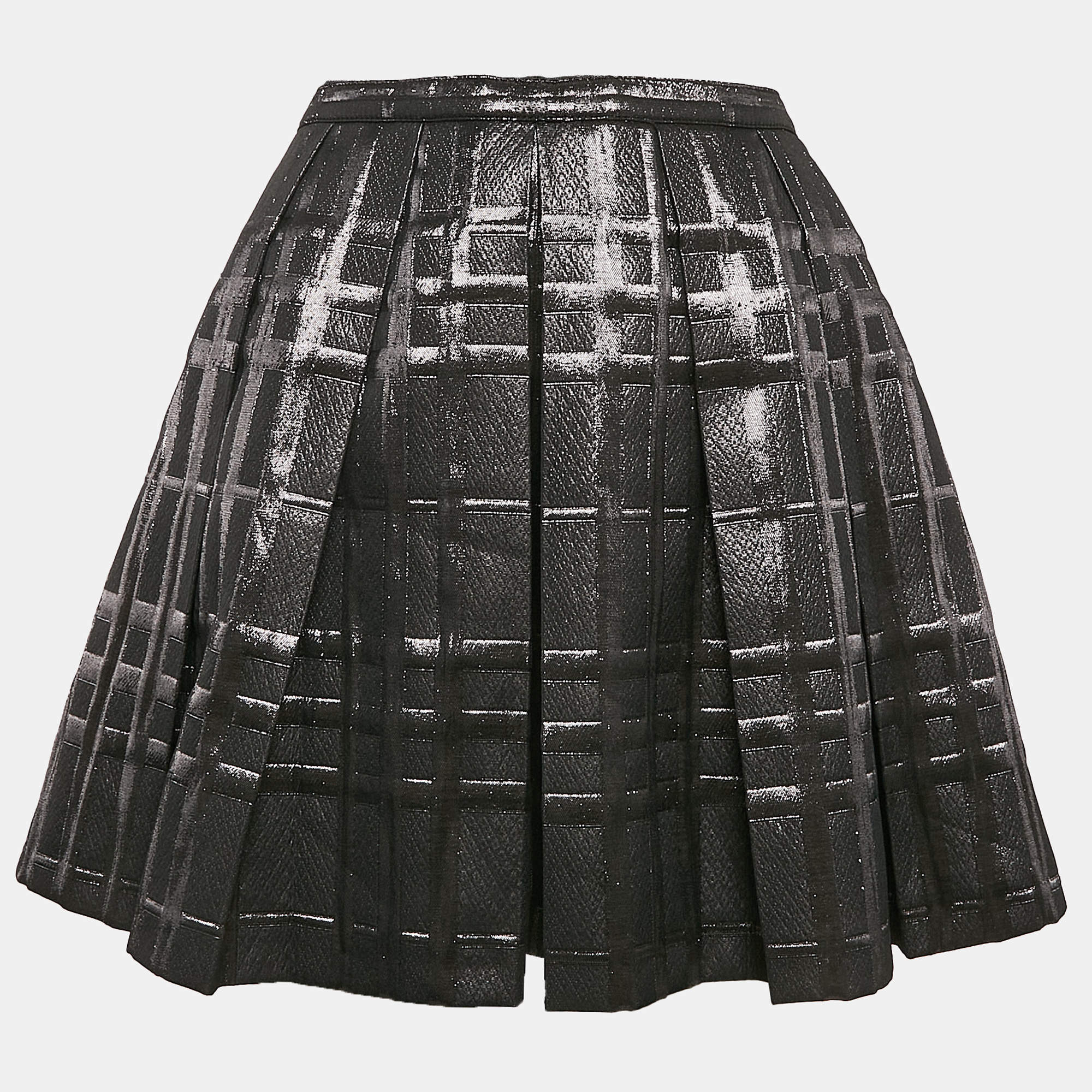 Pre Owned Burberry Black Checked Lurex Pleated Mini Skirt 14 Yrs