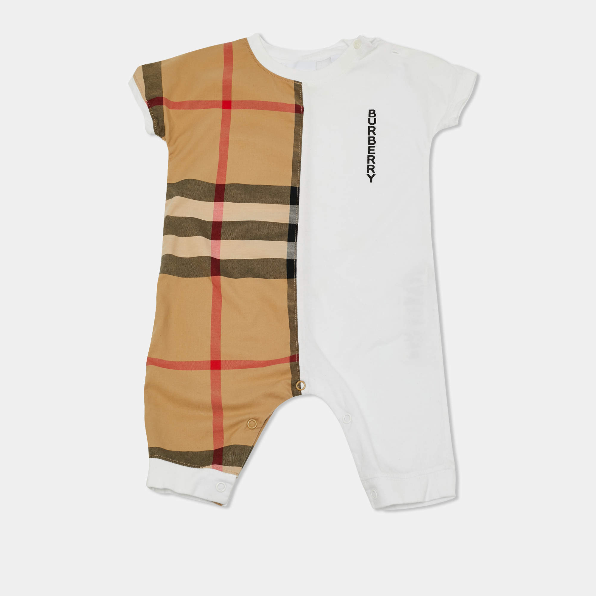 Pre Owned Burberry Kids White/Brown Checks Cotton Romper 6M