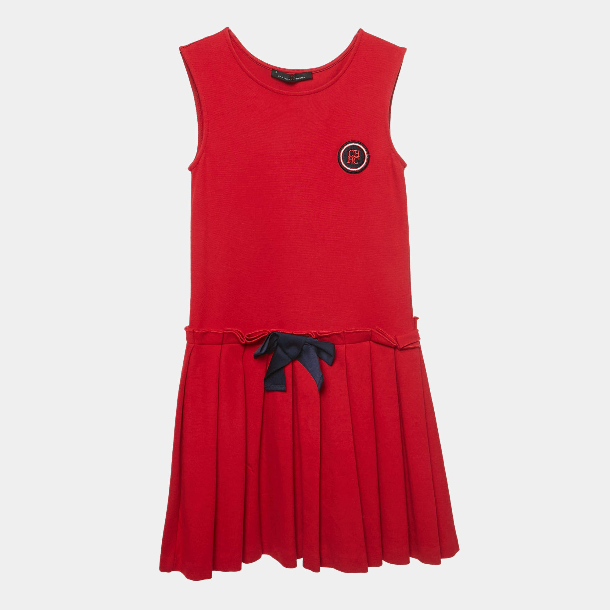 Pre Owned CH Carolina Herrera Red Logo Applique Jersey Pleated Dress 8Yrs