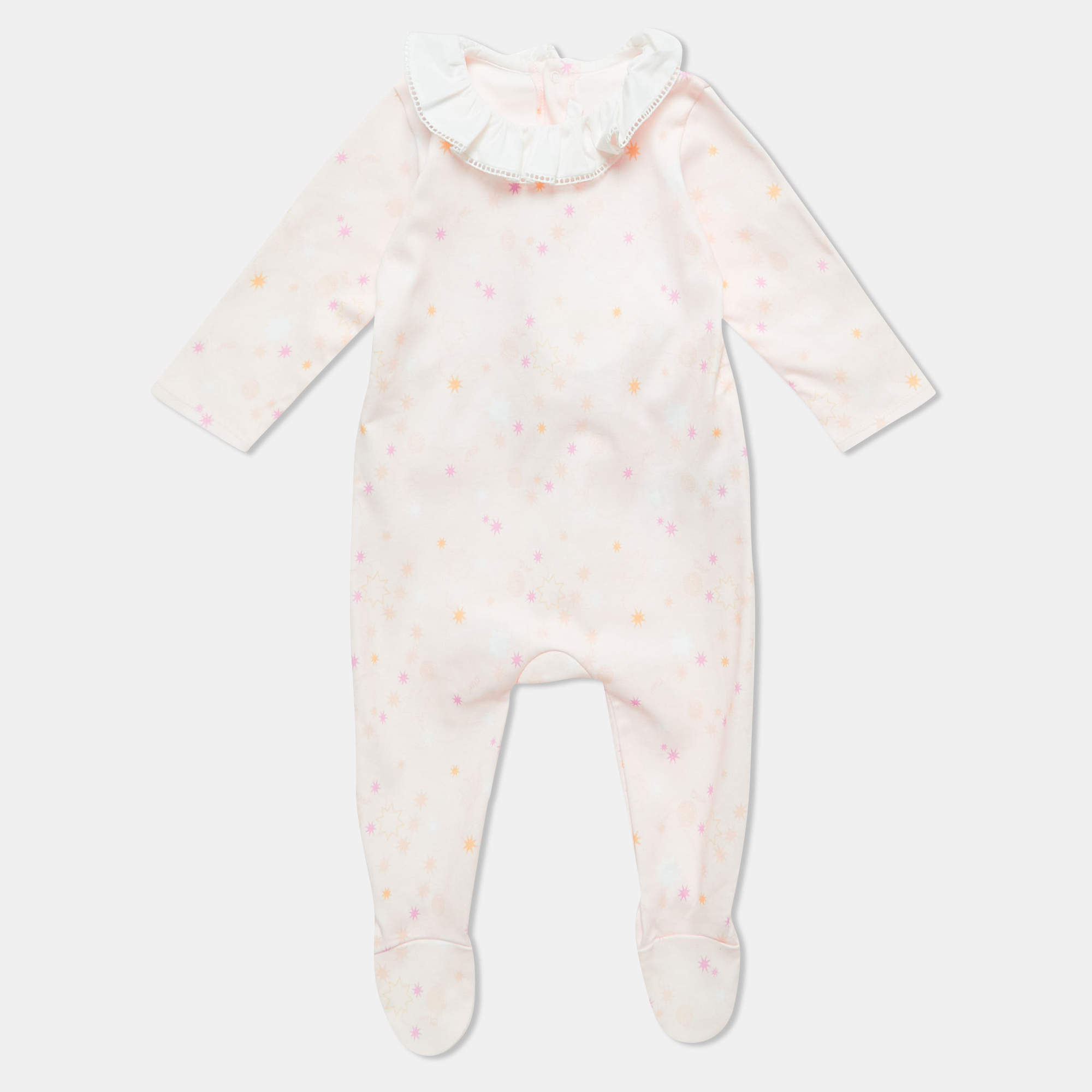 Pre Owned Chloe Kids Pink Printed Cotton Ruffled Sleepsuit 6M